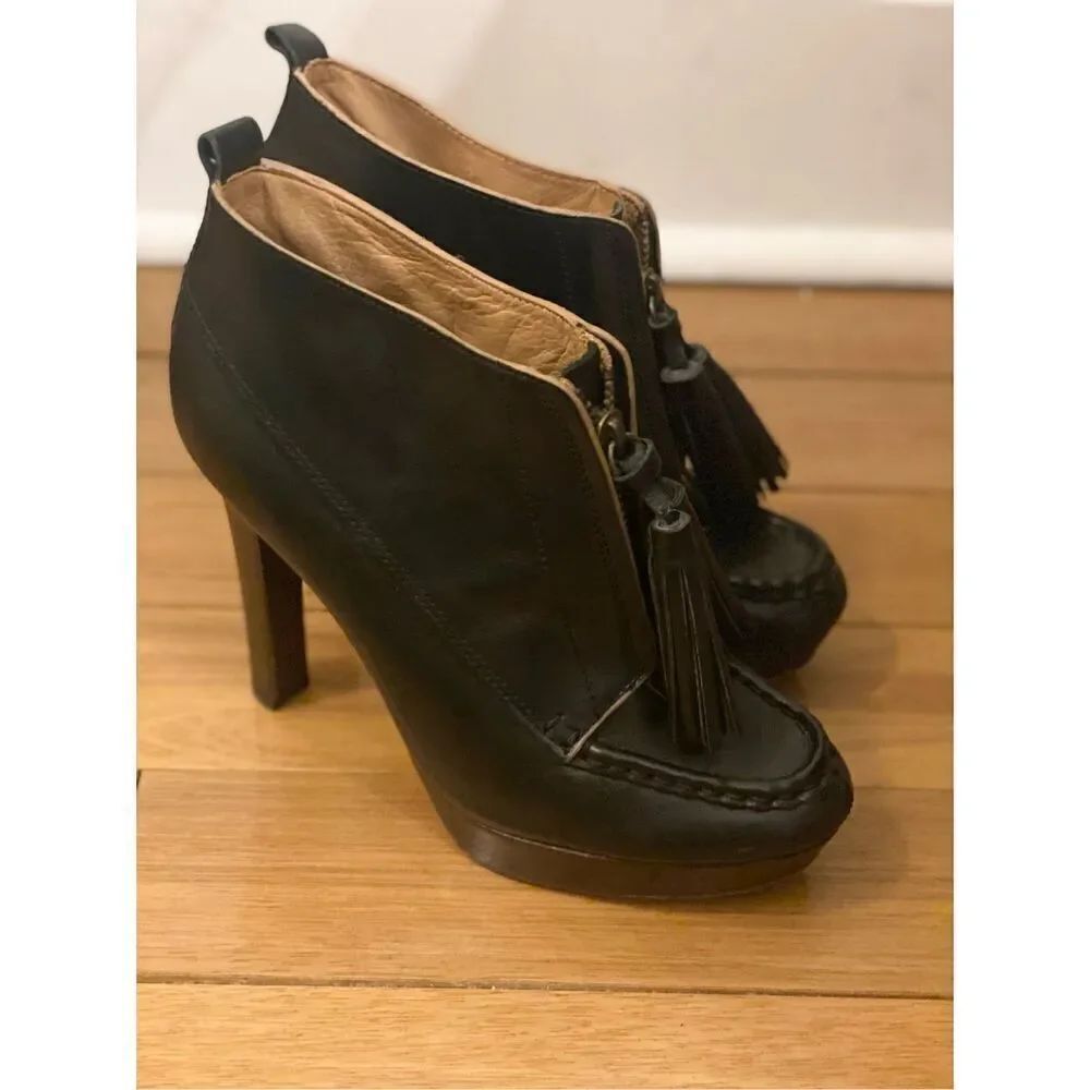 Coach Womens Cary Ankle Boots Brown Slim Heels Tasseled Split Toe Zipper 7.5B
